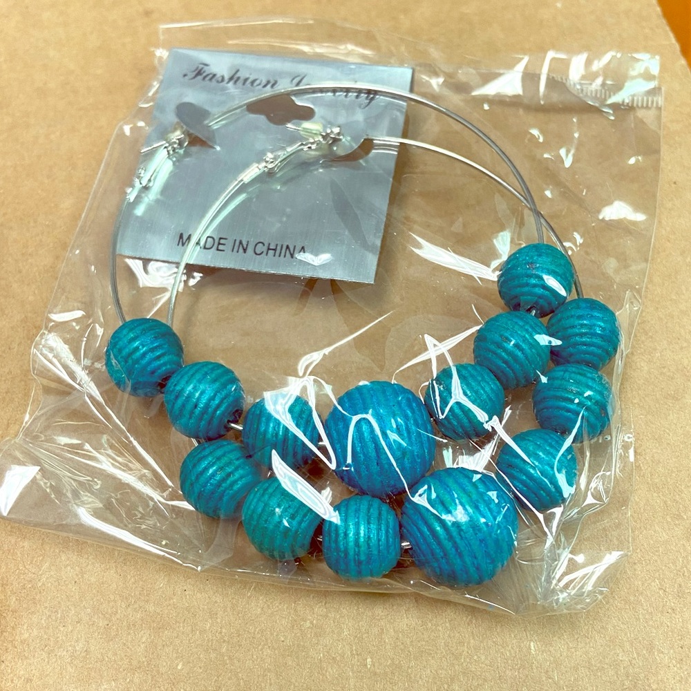 NWT Large Hoop Earrings; Blue & Silver.